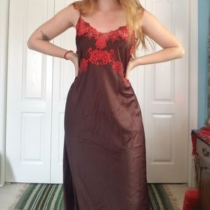 Natori Brown and Red silky lace long slip dress